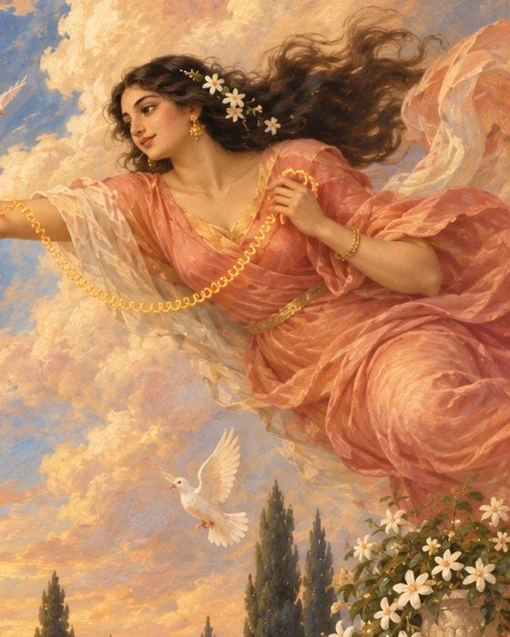 A Renaissance-style painting of a woman in coral robes holding a golden phone cord